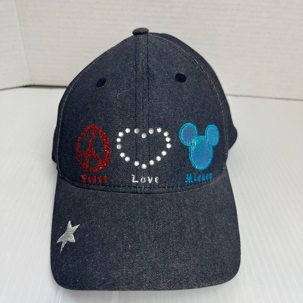 Denim Cap with Peace Love Mickey Design EUC
